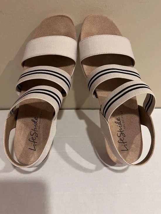 Life Stride Cream/Black Strappy Stretch Slip-in Platform Open Toe Sandals Sz 9 - Picture 3 of 14